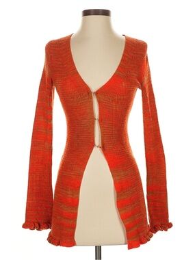 Tiger Mist Orange V-Neck Open-Front Knit Sweater